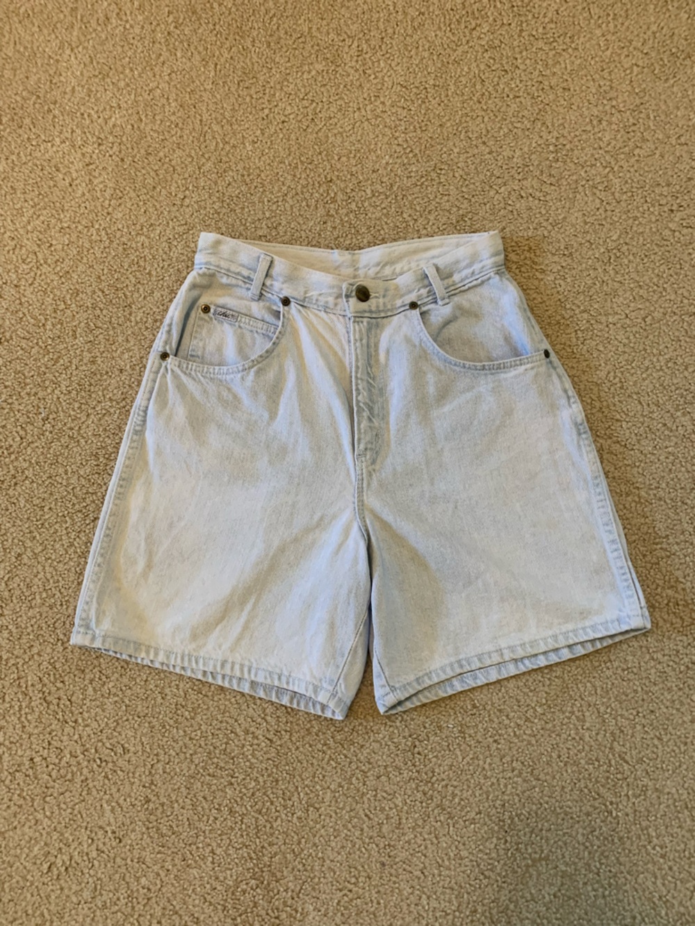Vintage 80s Chic Pale Blue Denim Shorts with Branded Metal Button